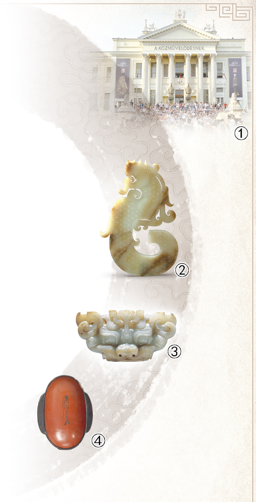 　圖①：展覽開(kāi)幕日的莫拉·弗朗茨博物館。 　　圖②：西漢龍形玉佩，徐州博物館藏。 　　圖③：西漢虎頭形玉枕飾，徐州博物館藏。 　　圖④：西漢彩繪魚(yú)紋漆耳杯，上海博物館藏。 　　以上圖片均由上海博物館提供