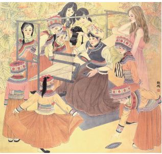 作者：楊艷鴻 作品名稱：《傈僳織布圖》—工筆畫(huà) 作品尺寸：200cm×190cm 創(chuàng)作時(shí)間：2017 年