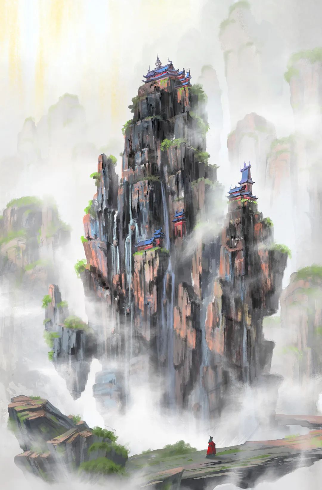 圖為具有中國(guó)審美意蘊(yùn)的科幻插圖，①③為著名科幻插畫師趙恩哲所繪制的《紅岸基地日落》《云嵐山》；②為青年科幻插畫師繪制的《三日凌空》