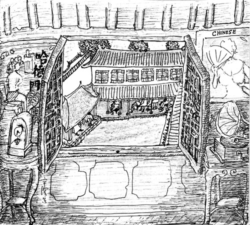 樓下說書，聽書。樓上的情況，不清楚，很多事情如此