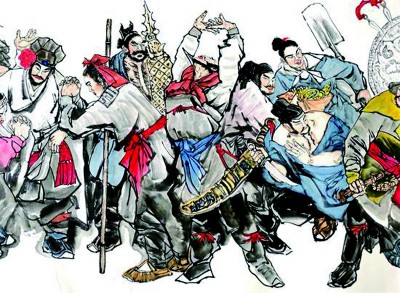 《水滸傳》“敘一百八人，人有其性情”，就是因?yàn)樽髡咄ㄟ^具體的細(xì)節(jié)描寫抓住了不同人物的性格特征。圖片選自趙成波所繪的《水滸一百零八將》。資料圖片