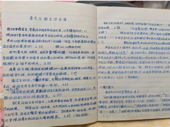 除了孫犁，李躍慧也十分喜愛泰戈?duì)?，這是她手抄的部分泰戈?duì)栐姼?></p>
<p style=