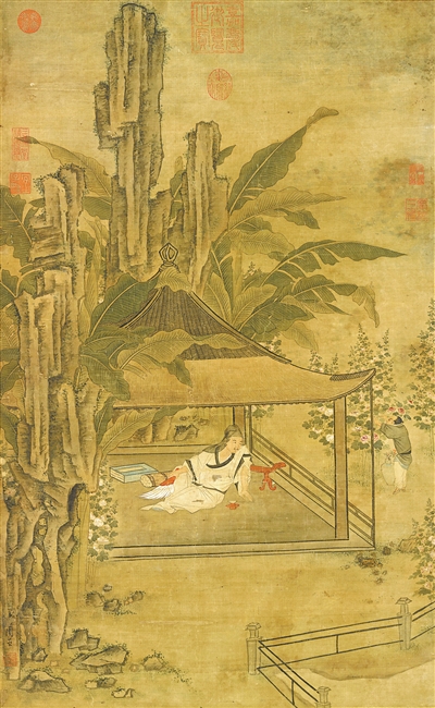 中國畫《山亭納涼圖》，作者為明代周臣。  臺北故宮博物院藏