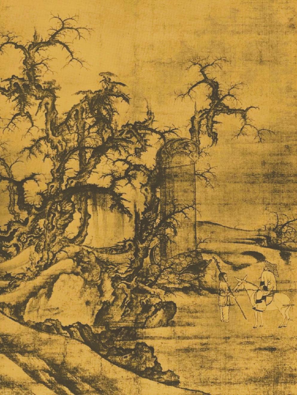 《黑神話(huà)：悟空》中的室外場(chǎng)景，隨處可見(jiàn)中國(guó)古代山水畫(huà)的影子。左圖為游戲畫(huà)面，右圖為北宋李成《讀碑窠石圖》。
