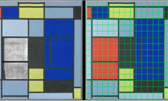 左：紅色矩形層下可見用鉛筆和尺子繪制的嚴格而規(guī)矩的網(wǎng)格；右：從紅色矩形延伸出的網(wǎng)格與現(xiàn)有比例重合。